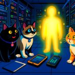 Três gatos observando uma figura humanoide brilhante (representando o algoritmo), com servidores ao fundo. Simboliza a influência misteriosa dos algoritmos na tecnologia.