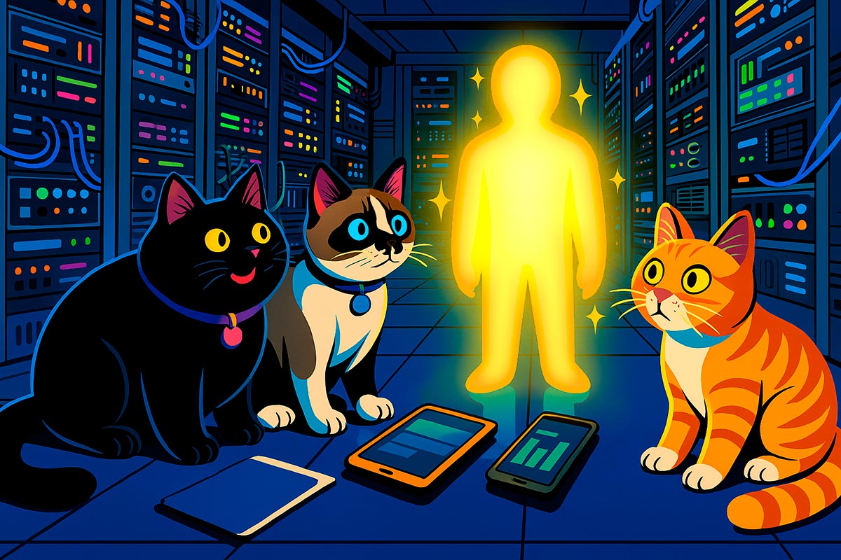 Três gatos observando uma figura humanoide brilhante (representando o algoritmo), com servidores ao fundo. Simboliza a influência misteriosa dos algoritmos na tecnologia.