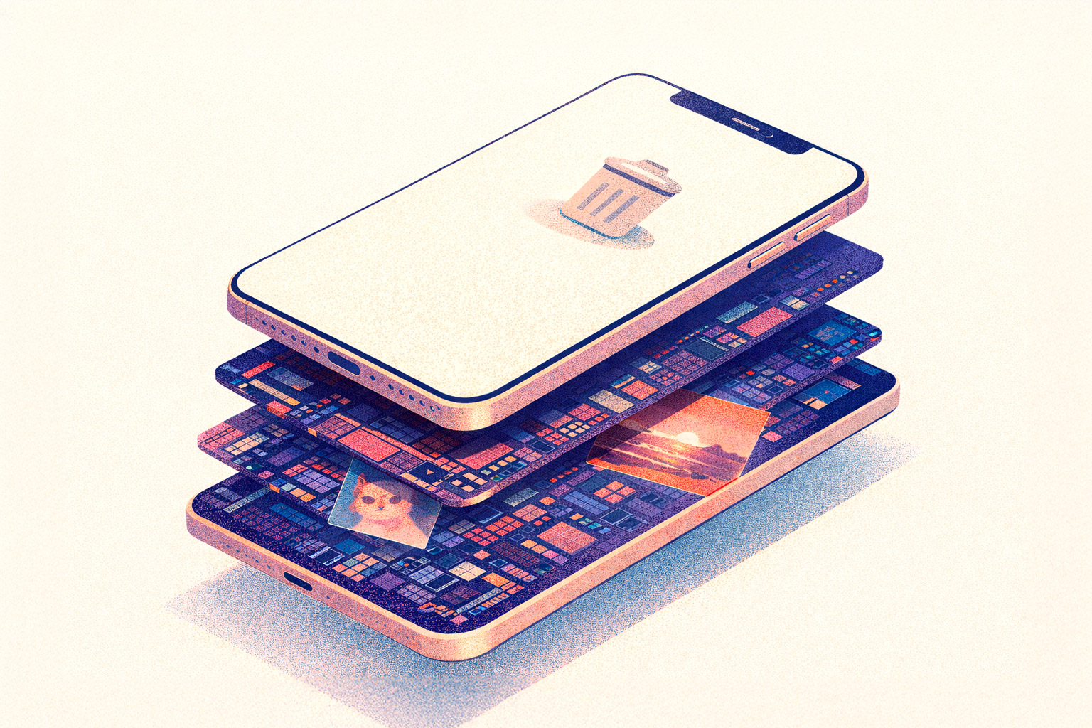 Ilustração artística estilizada de um smartphone separado em camadas. A tela superior exibe um ícone de lixeira, enquanto as camadas inferiores de circuitos revelam "fantasmas" de fotos (um gato e uma paisagem) escondidos na memória, ilustrando que arquivos deletados não somem imediatamente.