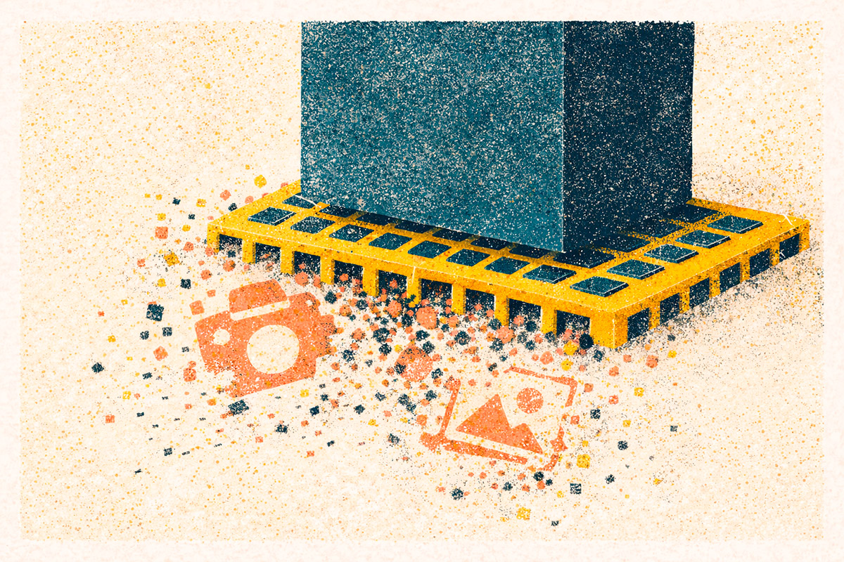 Ilustração editorial em estilo risografia mostrando um grande bloco sólido e pesado de cor escura sendo pressionado sobre uma grade amarela de memória; abaixo do bloco, ícones alaranjados de fotos e câmeras aparecem fragmentados e se desintegrando em poeira digital, representando a destruição de arquivos antigos por novos dados.