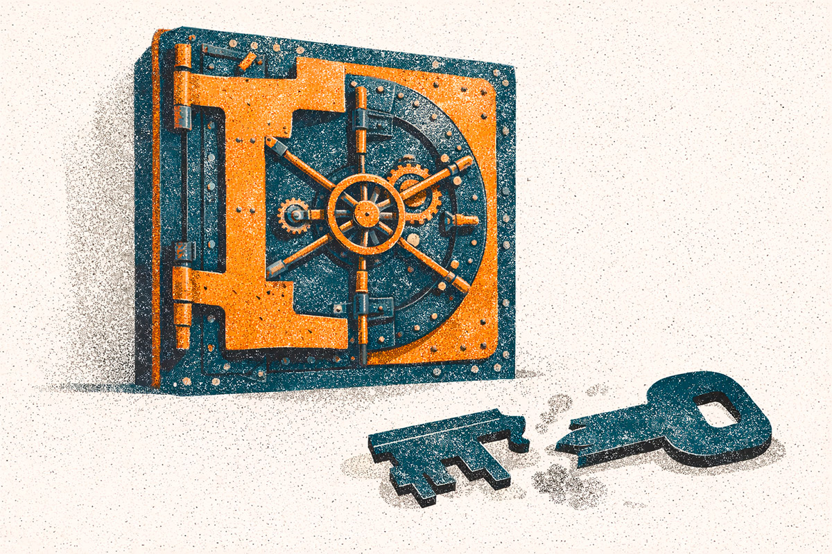 Ilustração editorial de um cofre de banco robusto e fechado com uma chave antiga quebrada ao meio no primeiro plano, representando a destruição da chave de criptografia durante a restauração de fábrica do celular.